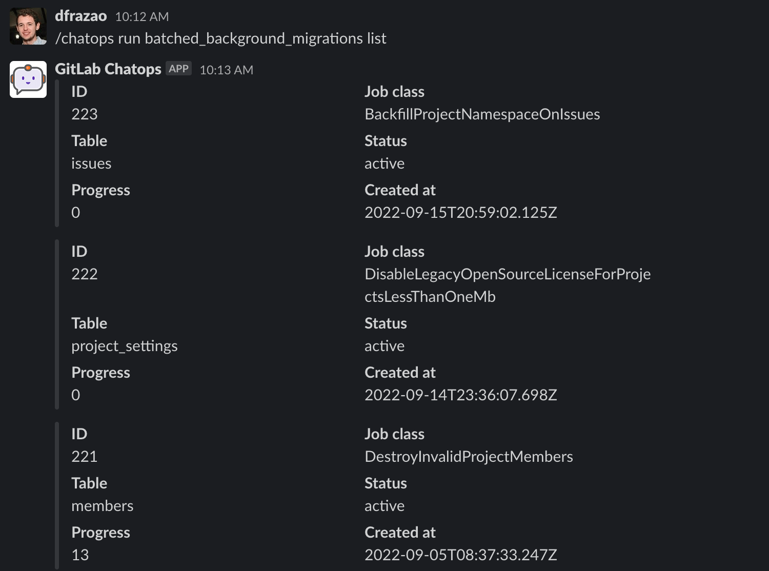 Output of the ChatOps command listing all the active batched background migrations.