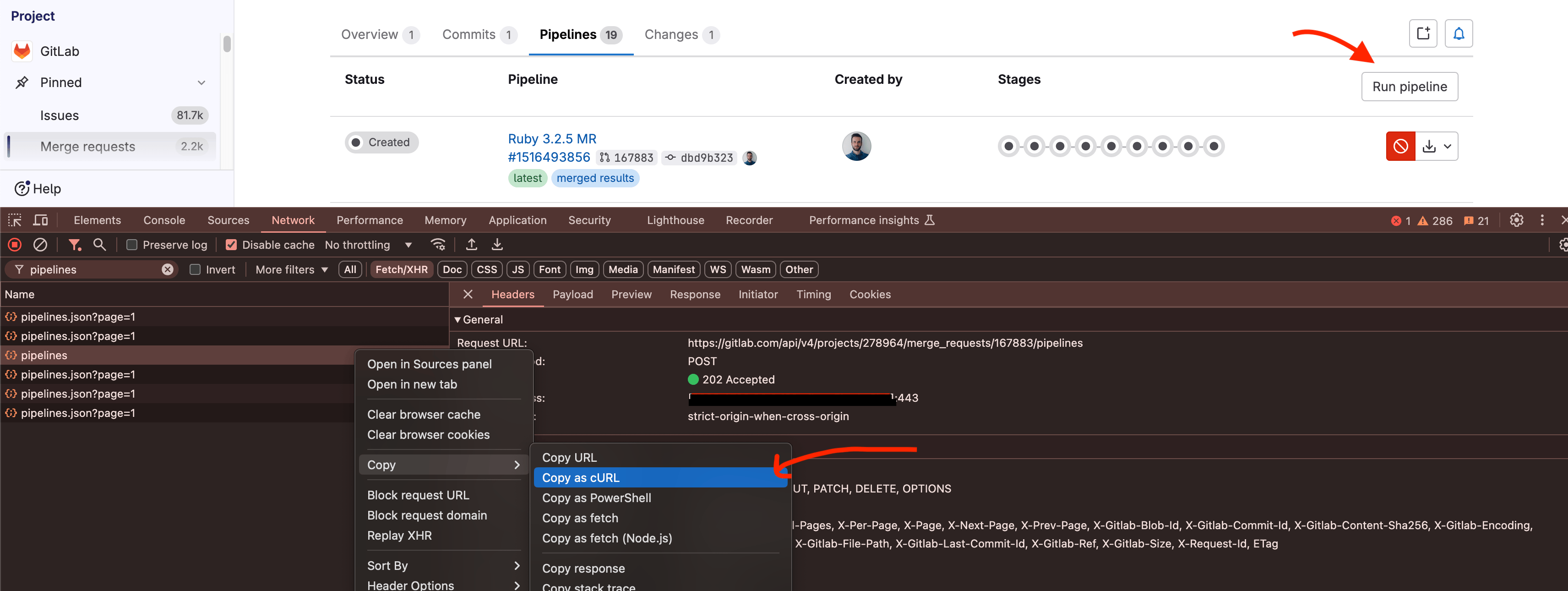 Performance copy as curl